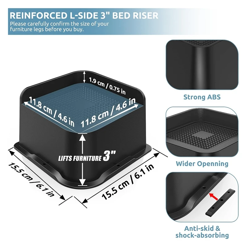 Bed Risers 3 Inch Heavy Duty, 4.8x4.8In Wide Opening Furniture Risers 4 Pack,Bed Lifts Risers for Sofa,Bed Frame,Tables-A63M
