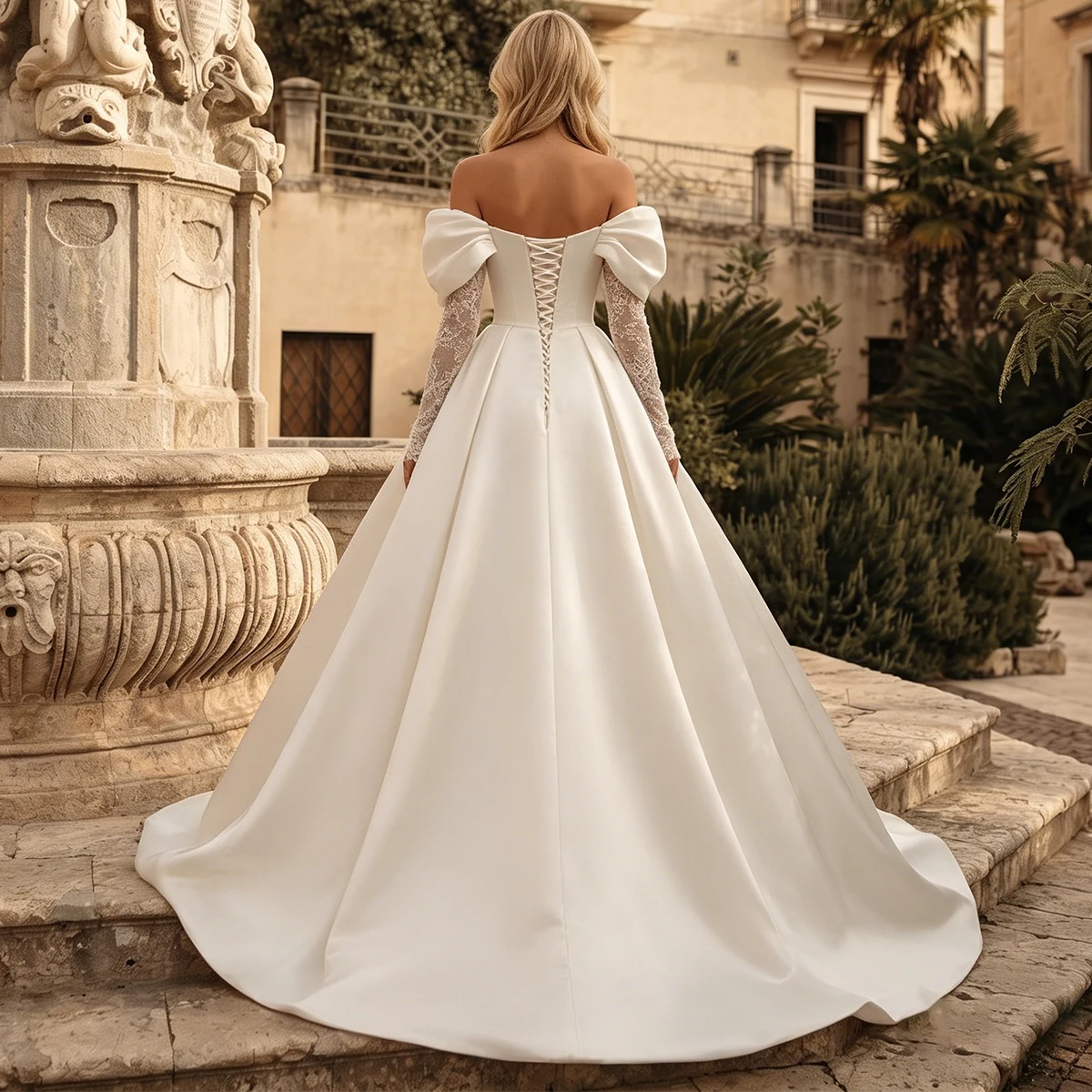 Simple Satin Long Sleeve Ball Gown Wedding Dress With Train Off Shoulder Lace Bridal Party Gown For Women Vestidos Novia