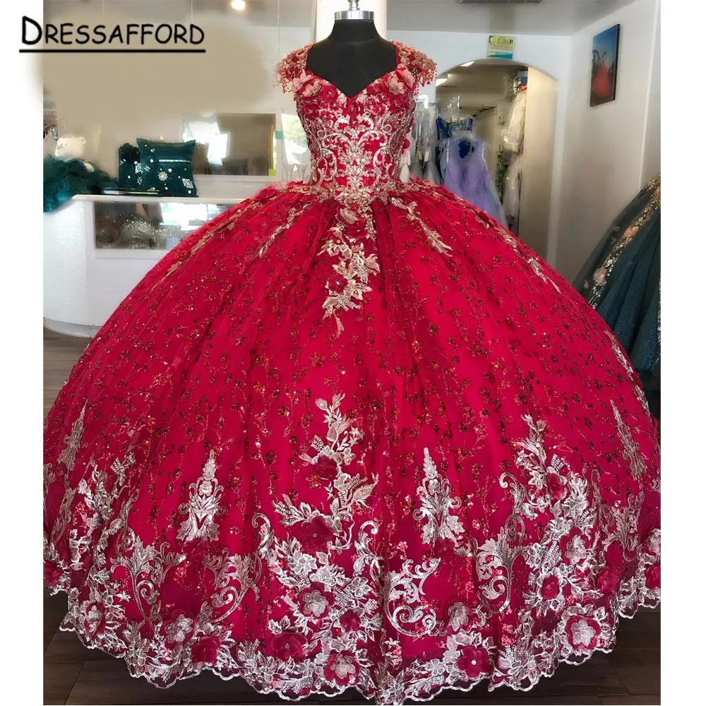Red Quinceanera Dresses Ball Gown Sweet 16 Dress 3 D Flower Lace Appliques Graduation Party Gowns Vestido De 15 anos