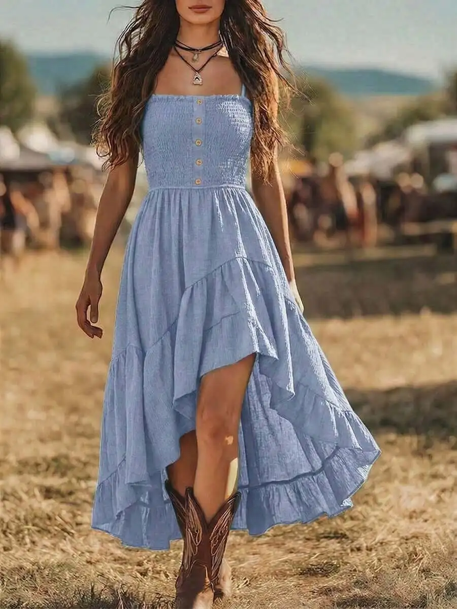 

Bohemian Casual Vacation Dress Front Short Back Long Cinched Waist Women Mid Length