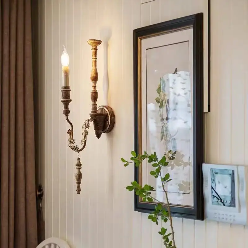 

Creative American country French pastoral retro old wood wall lamp living room dining room bedroom corridor decorative lamp