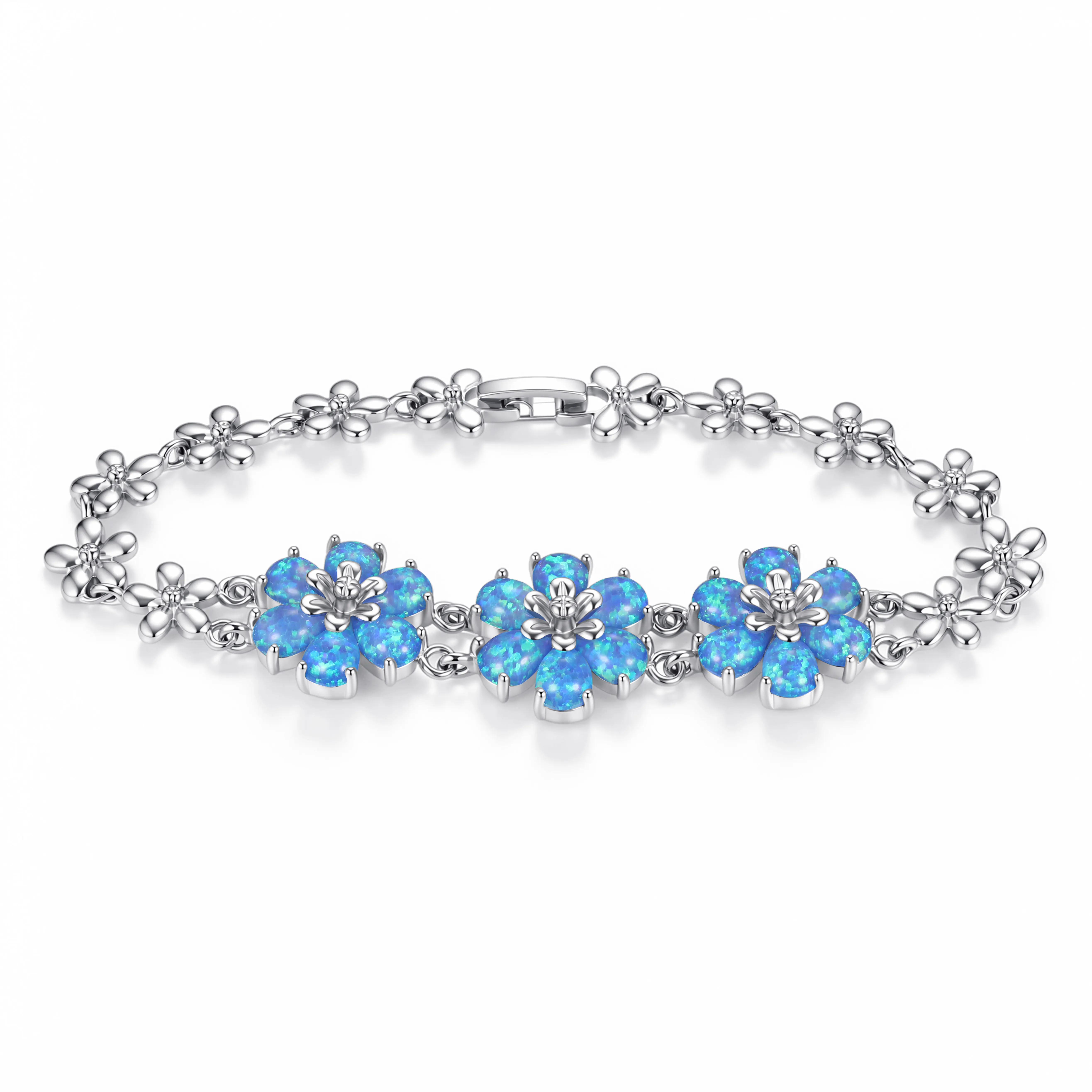 Romantic Blue Opal Petal Flower Link Bracelet for Women Triple Bloom Floral Adjustable Elegant Jewelry for Daily Birthday Gift