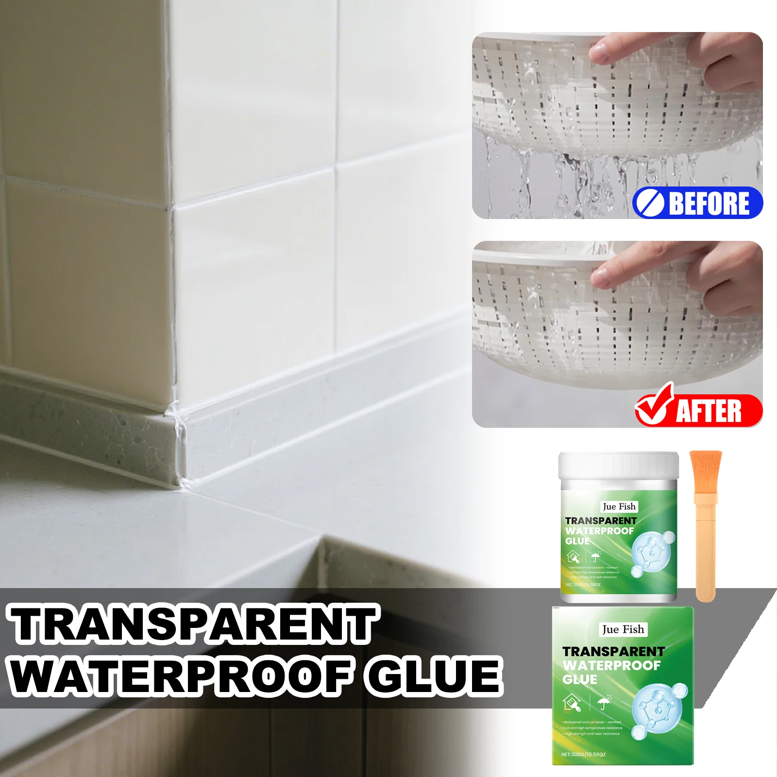 JUE FISH Transparent Waterproof Glue Sets 300g Joint Sealant Safe Ingredients Excellen Cold & Heat Resistance Strong Waterproof