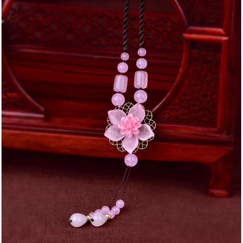 

Long 75cm Handmade Pink Jade/Crystal Beads Flower Pendant Nelace AAA