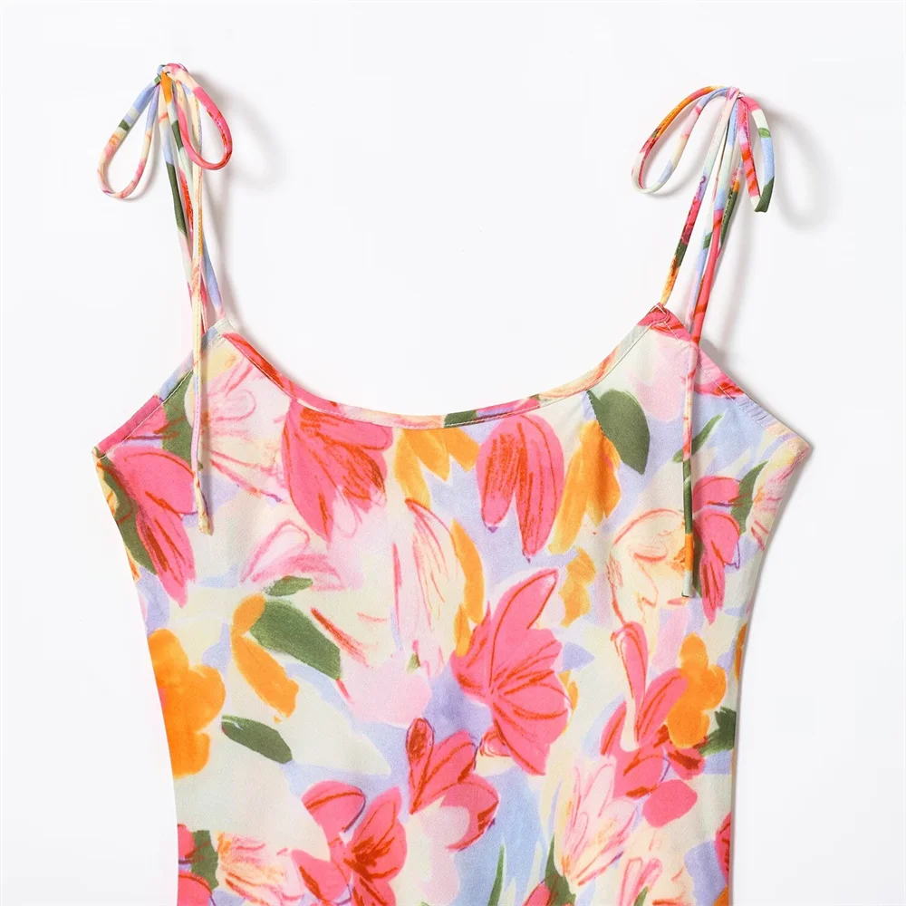 Autumn new women's clothing French retro flower print temperament sleeveless slim fit holiday camisole dress long skirt