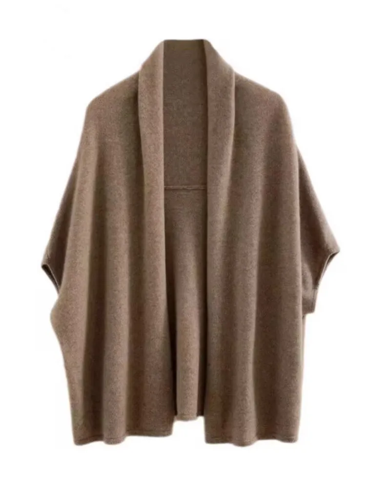Autumn Winter Women's Loose Knitted Cashmere Shoulder Shawl Cardigan Batwing Sleeve Open Front High End Outerwear Coat