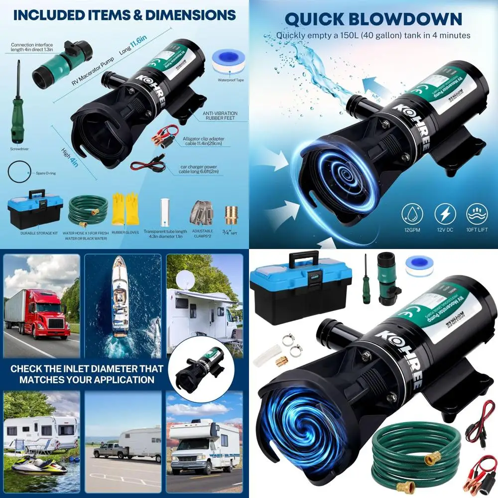 

RV Macerator Pump 12V, 12GPM Quick-Release Self-Priming Macerator Pump for RV, RV Waste Pump Kit with Hose Fittings, RV Black Wa
