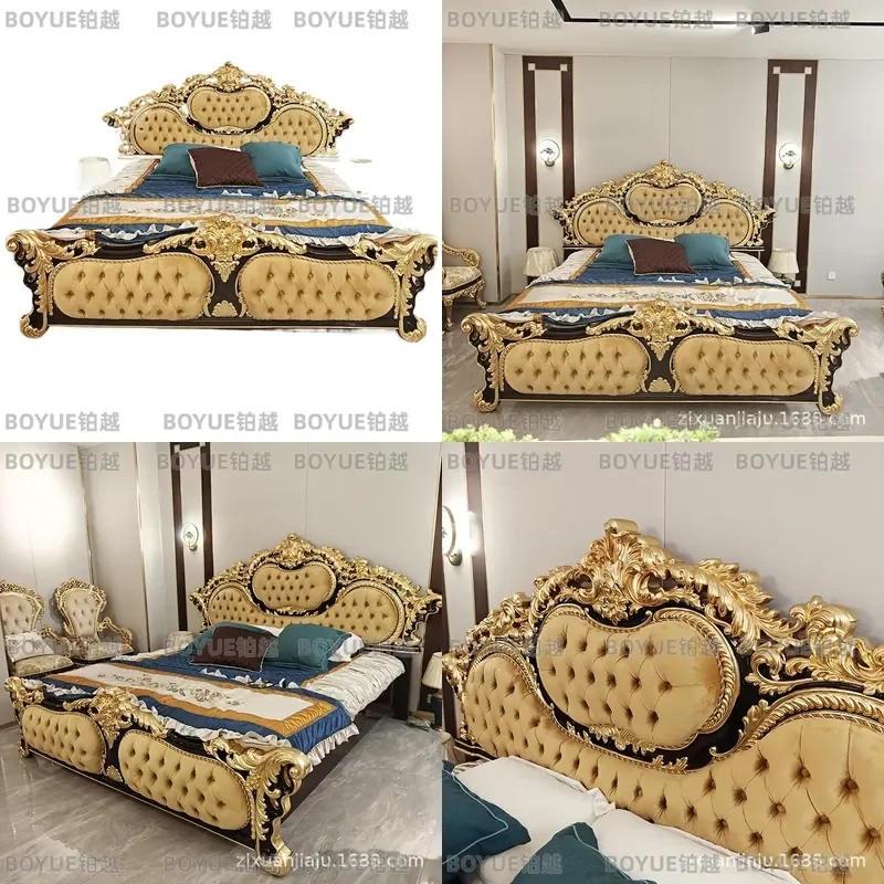 French Court Style Upholstered Double Bed Retro Luxury Solid Wood Frame European Shell  Princess Master Bedroom