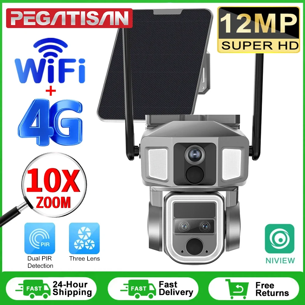 PEGATISAN 4G&WiFi 2 In 1 Solar Security Camera Outdoor Dual Screen 6K 10x Zoom Dual PIR Auto Tracking CCTV Wireless waterproof