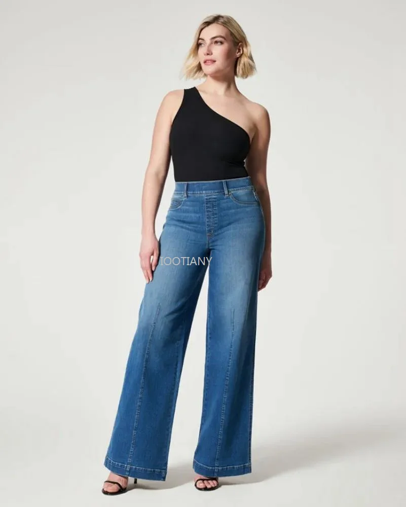 2024 Mode Mid Taille Denim weites Bein Hosen Damen High Stretch elastische Taille Jeans gewaschen lässige weibliche Hosen S-2XL