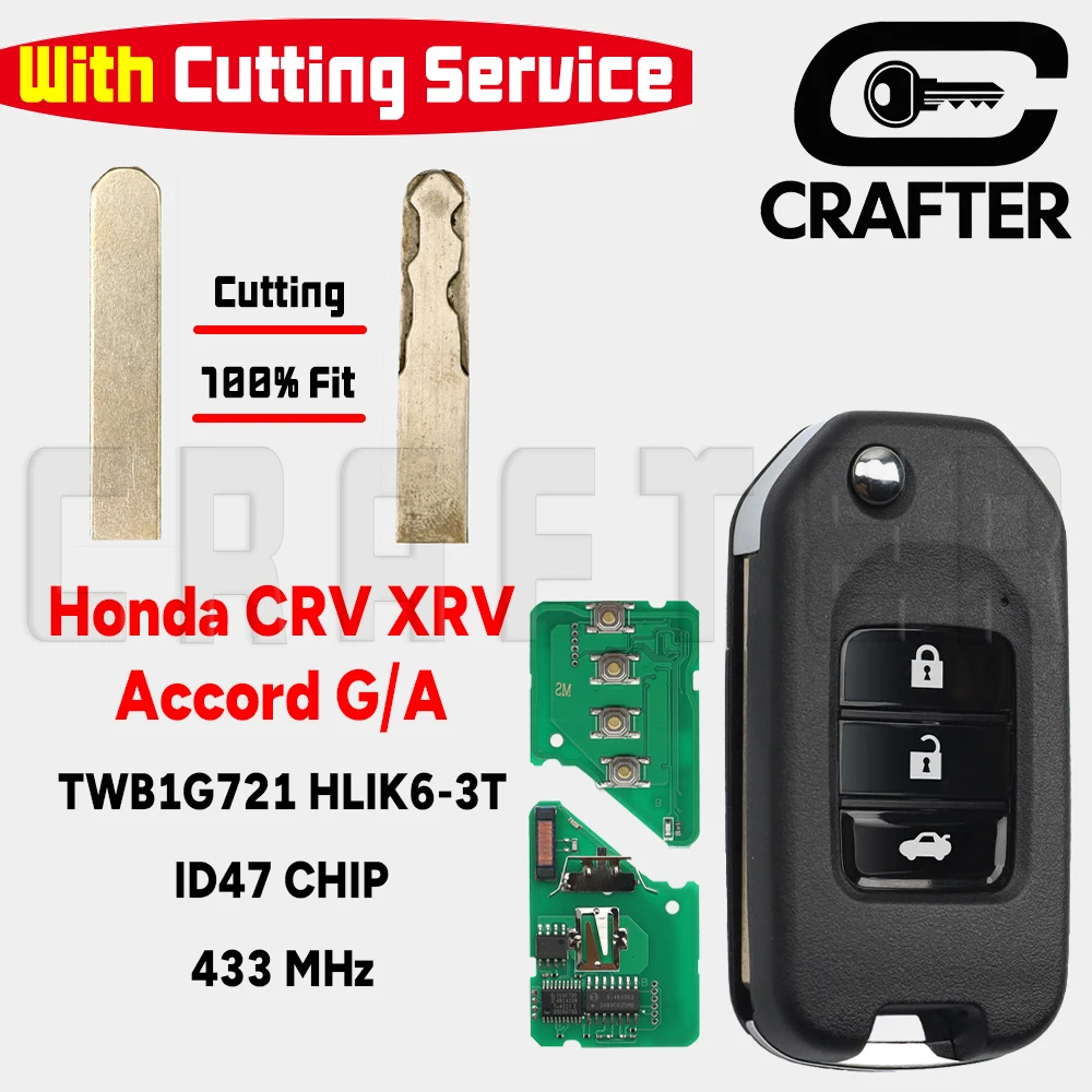 

Ключ Crafters TWB1G721 HLIK6-3T ID 47 CHIP 433 МГц Откидной дистанционный ключ от автомобиля для Honda Accord City CR-V Jazz XR-V Vezel с резьбой для ключей