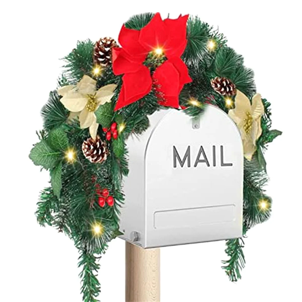 Christmas Mailbox with Lights Berry Red Flowers Clusters Pine Cones, Mailbox Christmas Outdoor, Christmas Mailbox Decor