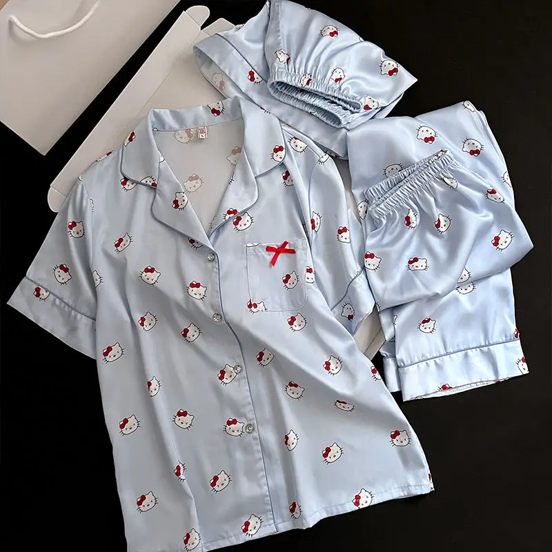 Sanrio Blue and Pink Hello Kitty Pajamas Summer Ice Silk Short Sleeved Long Pants Three Piece Set of Cute Cartoon Home Clothes