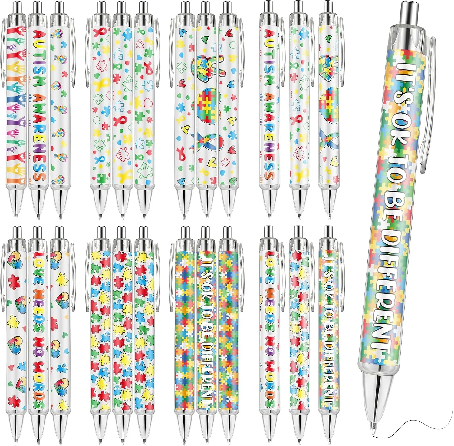 24 Pcs Autism Awareness Ballpoint Pens, Retractable Black Ink Bulk Set with Puzzle Piece Ribbon Designs, Smooth Writing Pens for Classroom Rewards Office Supplies Gift Bag Stuffers
