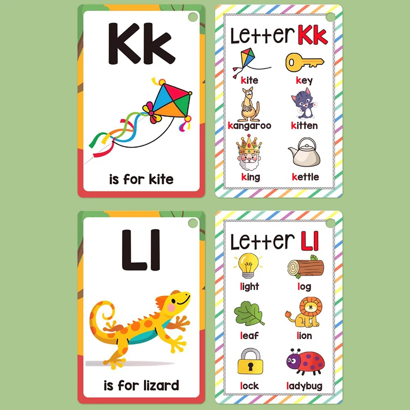 26 English Alphabet A-Z Cards 156 Words Children's Early Education Flashcards Learning Colors Animal Letters Teaching Tools
