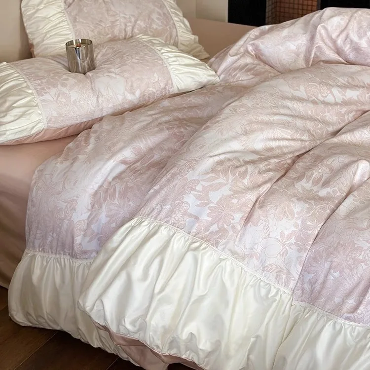 1 French style girl's heart nude bed single four piece set, made of pure cotton 100S long staple cotton duvet cover, high-end fe