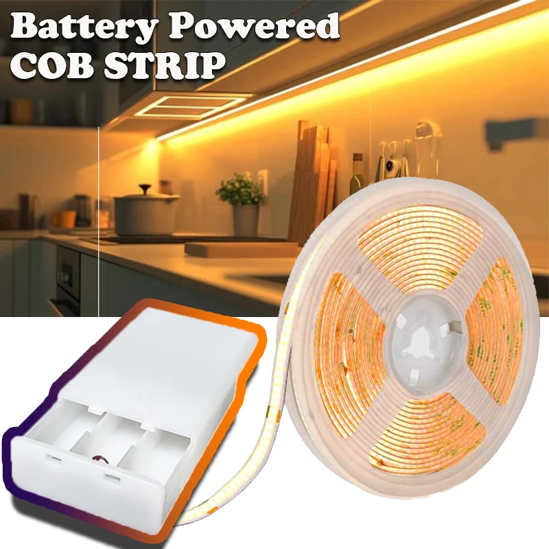 3AA Battery Powered 5V COB LED Light Strip Flexible Ribbon Diode 8MM High Density Linear Lighting Adhesive Tape Cabinet Lighting
