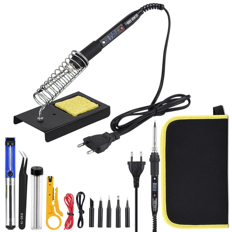 JCD Soldering Iron Kit LCD Adjustable Temperature 110V 220V 80W Soldering Rework Tools Solder Iron Tips Wires Pump Heater Stand