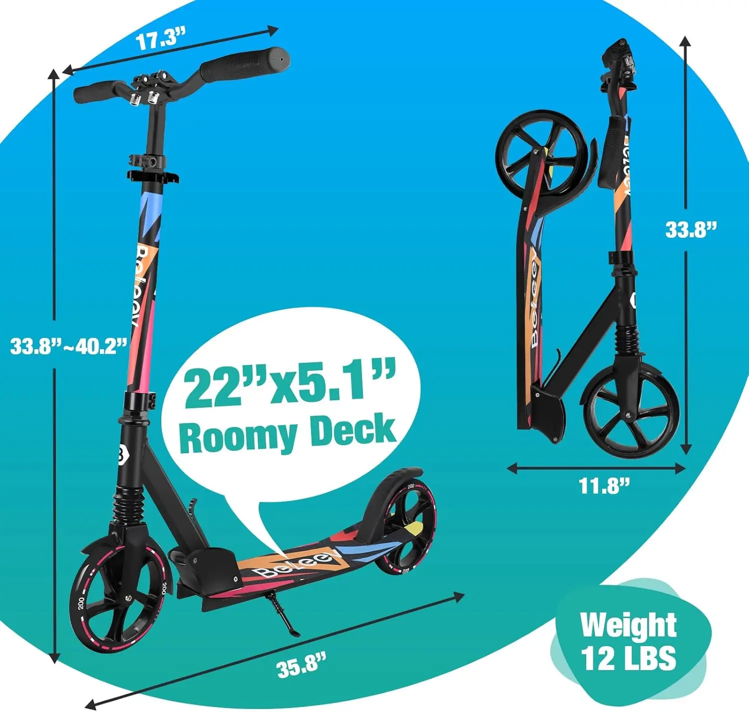 Scooters for Kids 6+ Years, Graffiti Folding Kick Scooter 2 Wheels for Teens, 4 Adjustable Handlebar, 200mm Big Wheels, 220lbs