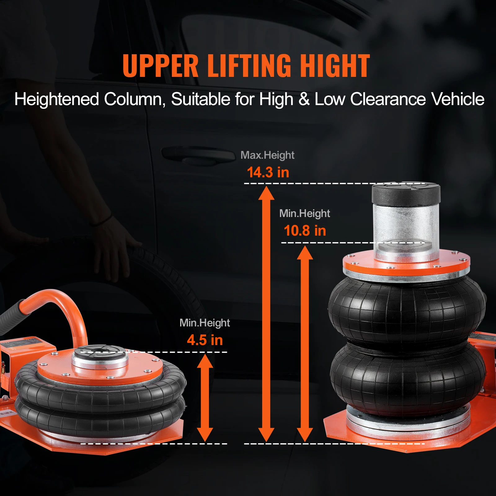 SucceBuy 3T エアージャッキ 3-8S 空気圧式リフティングジャッキ 高さ調整可能なコラム付き スチールチューブ6本 厚いゴムパッド セダン、SUV、ピックアップトラックに適合
