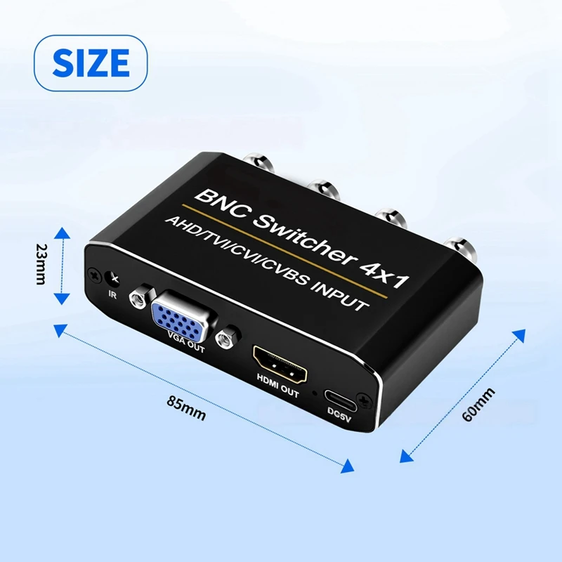 DT23 4x1 BNC Switcher AHD TVI CVI CVBS to VGA Video Converter Simultaneous Output EU Plug