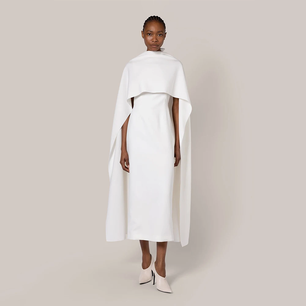 

Column Formal Party Dress With Cape Tea Length Modern Women's Cocktail Gowns Midi Sleeveless Backless Short Cocktail Dresses