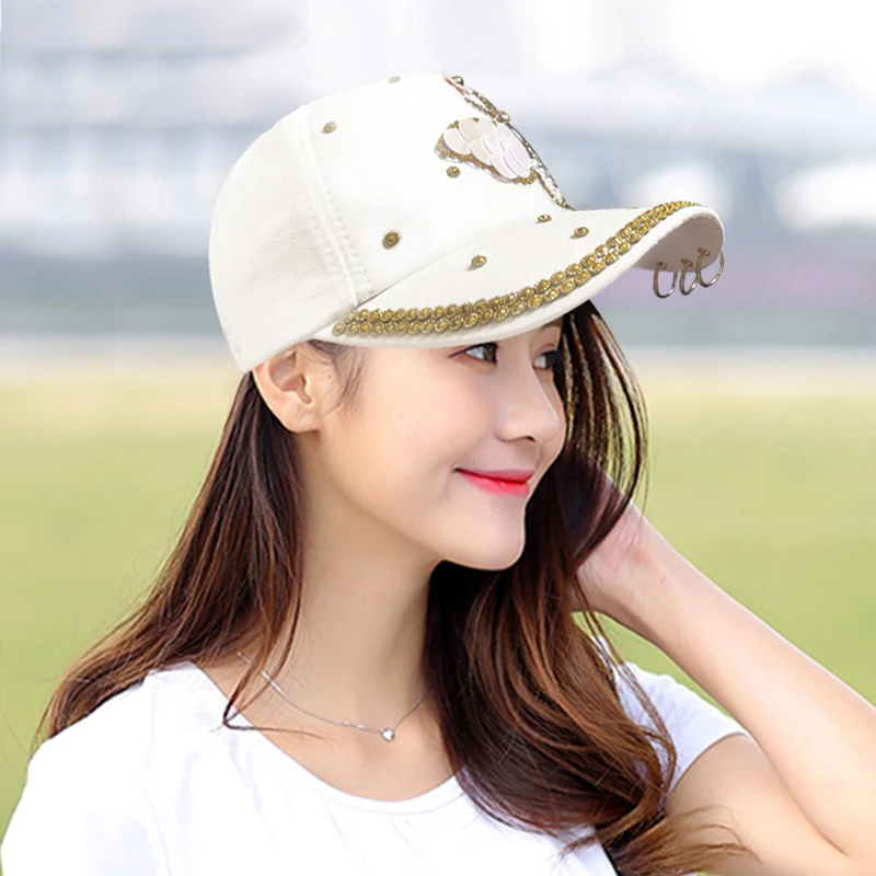 Spring and summer Korean version butterfly studded diamond baseball cap outdoor women's sunshade metal three ring sun hat