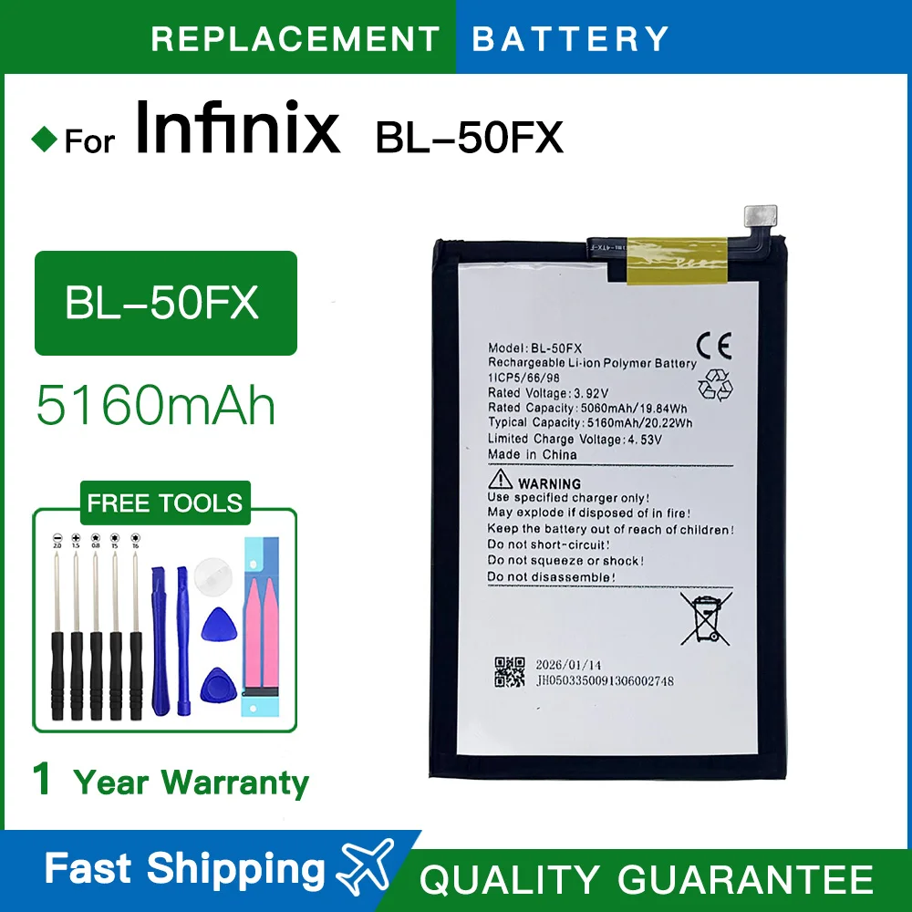 Brand New Replacement BL-50FX 5160mAh Battery for Infinix BL-50FX High-Capacity Mobile Phone Battery + Free Tools Spare Battery