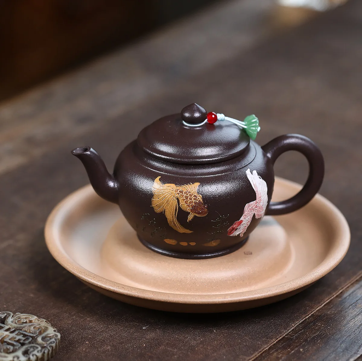 Handmade Yixing Zisha Teapot Famous Ore High Quality Stone Yellow Mud Clay Painting Pisces Literati Laughing 200cc