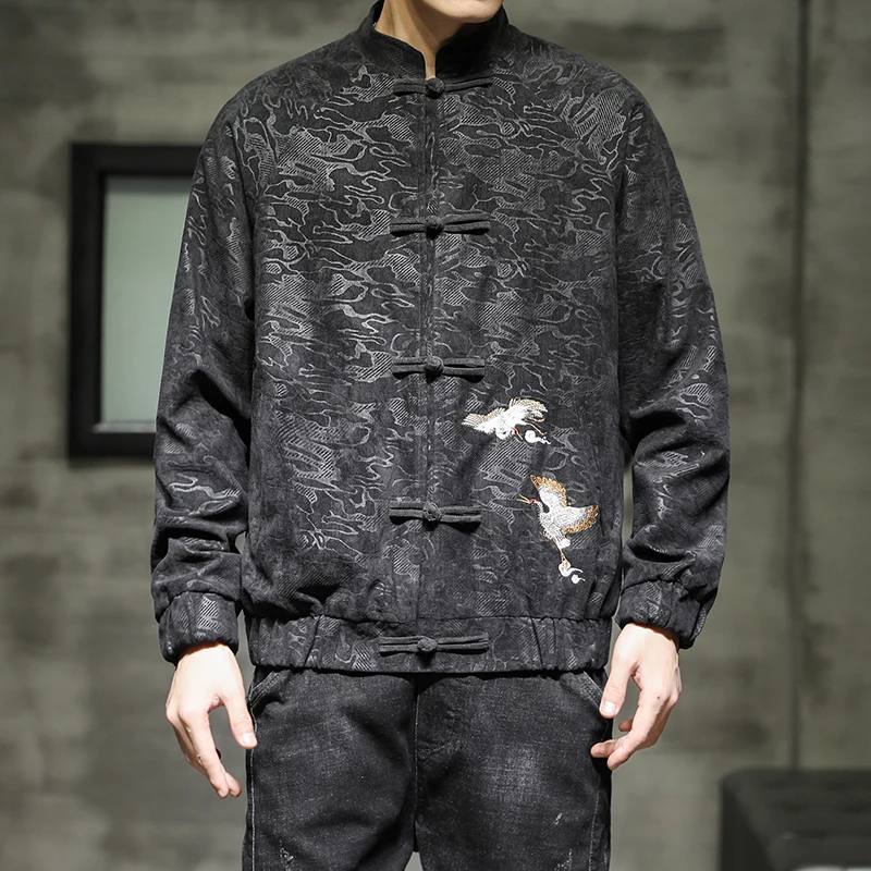 

Chinese Style Plus Size Corduroy Jacket Dragon Embroidery Hidden Pattern Frog Button Stand Collar New Tang Suit Coat for Men 5XL