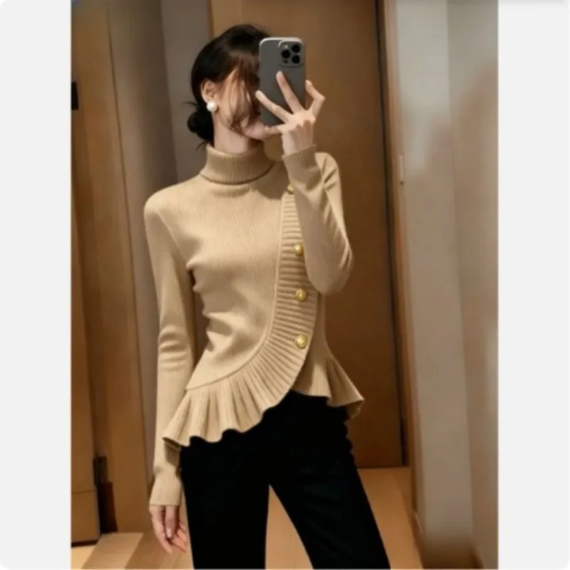 Autumn Winter New Fashion Ruffles Long Sleeve Knitwear Women's Turtleneck Pullovers Vintage Chic Temperament Elegant Sweaters