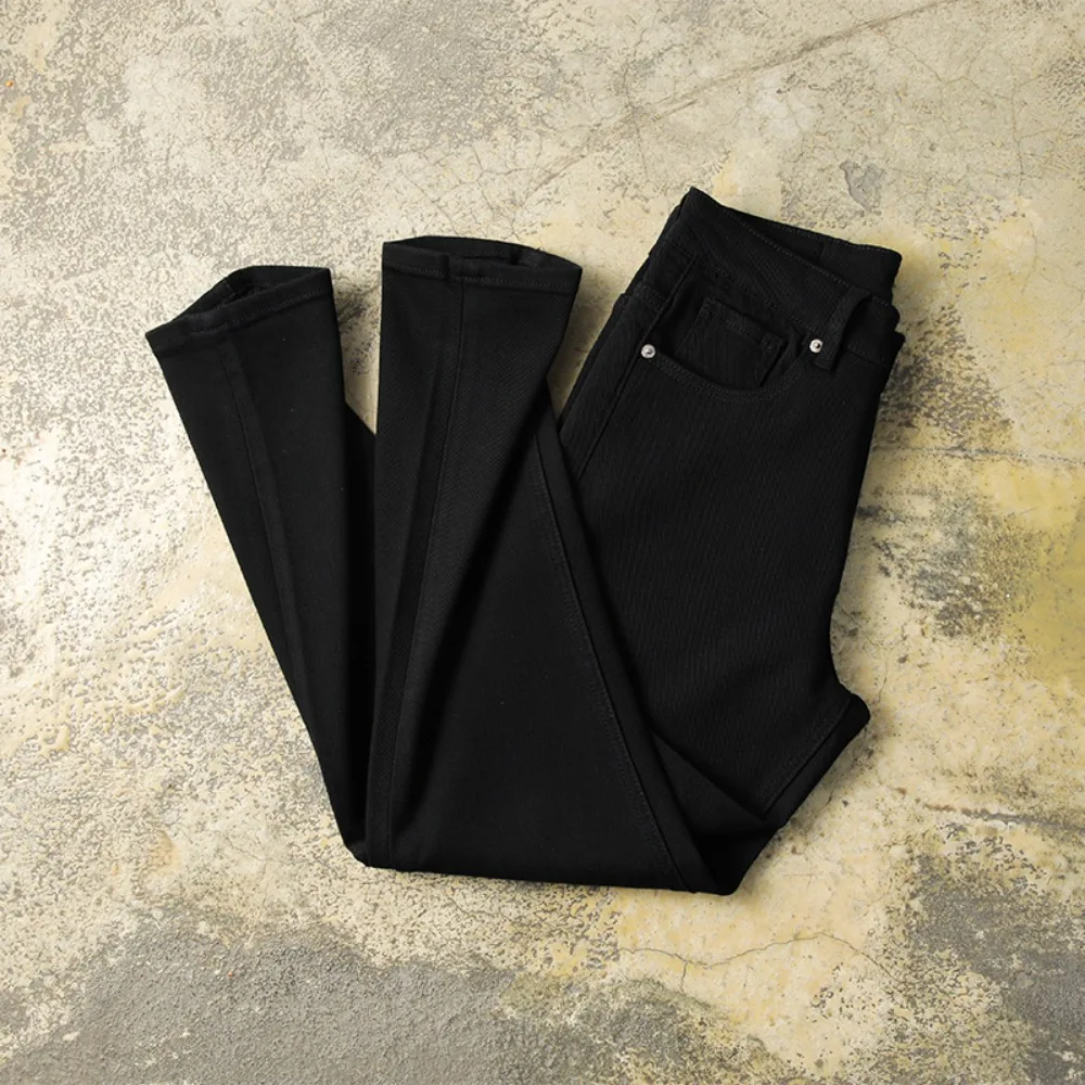 ใหม่กางเกงยีนส์ระดับไฮเอนด์สีดําบริสุทธิ์บางบางยืดหยุ่นอเนกประสงค์กางเกงขาตรงขนาดเล็ก