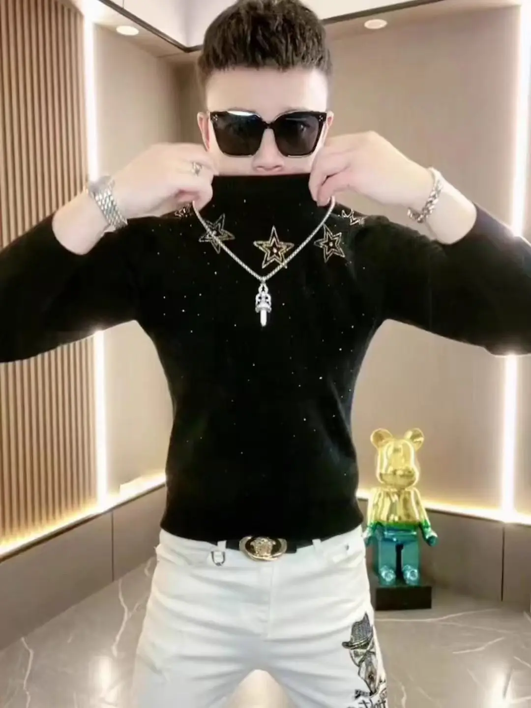 2025 Autumn and Winter New European Version of Hot Diamond German Velvet Men's Long-sleeved Warm Slim Base Shirt