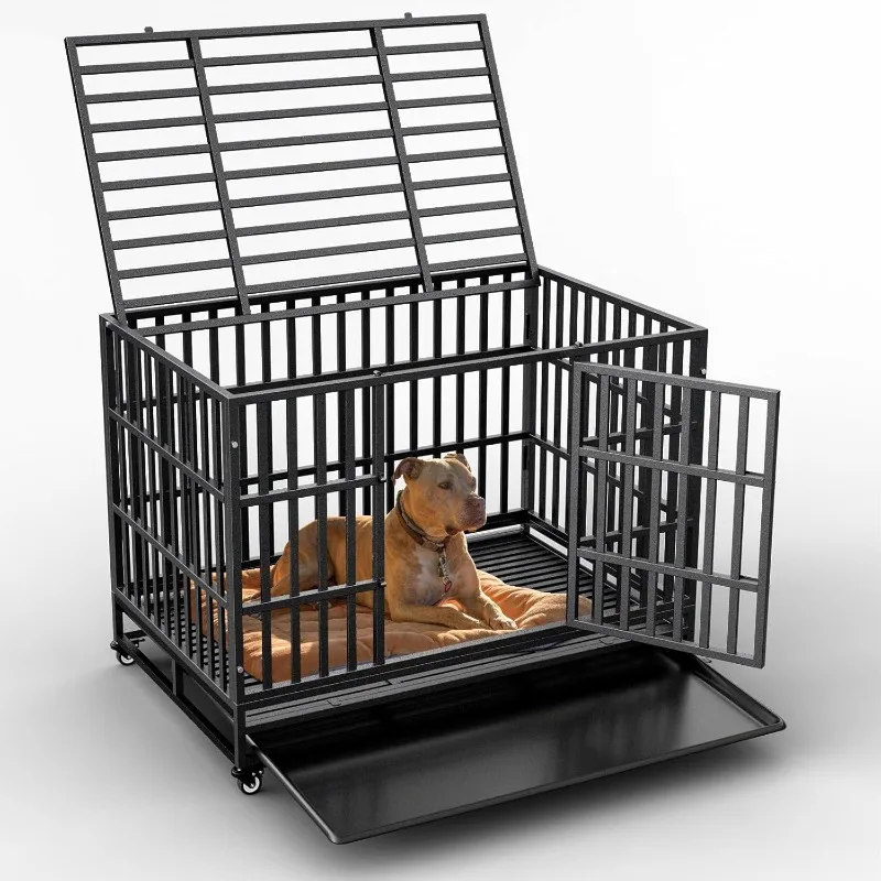 48 inch Heavy Duty Indestructible Dog Crate with Lockable Wheels, Double Door, and Removable Tray - Escape-Proof Kennel