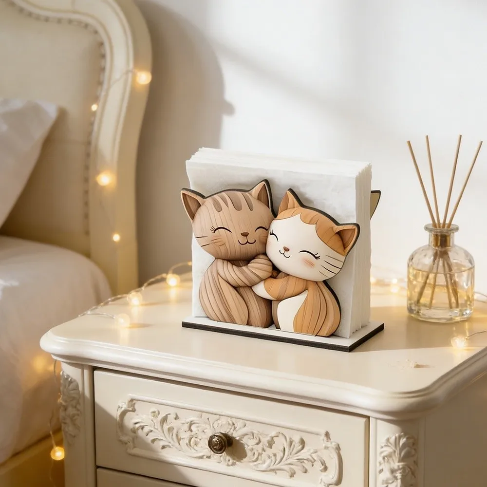 Adorable Cat Shape Wooden Tissue Box Black And White Couple Cat Tabletop Tissue Organizer Tabletop Decor Cat Tissue Holder