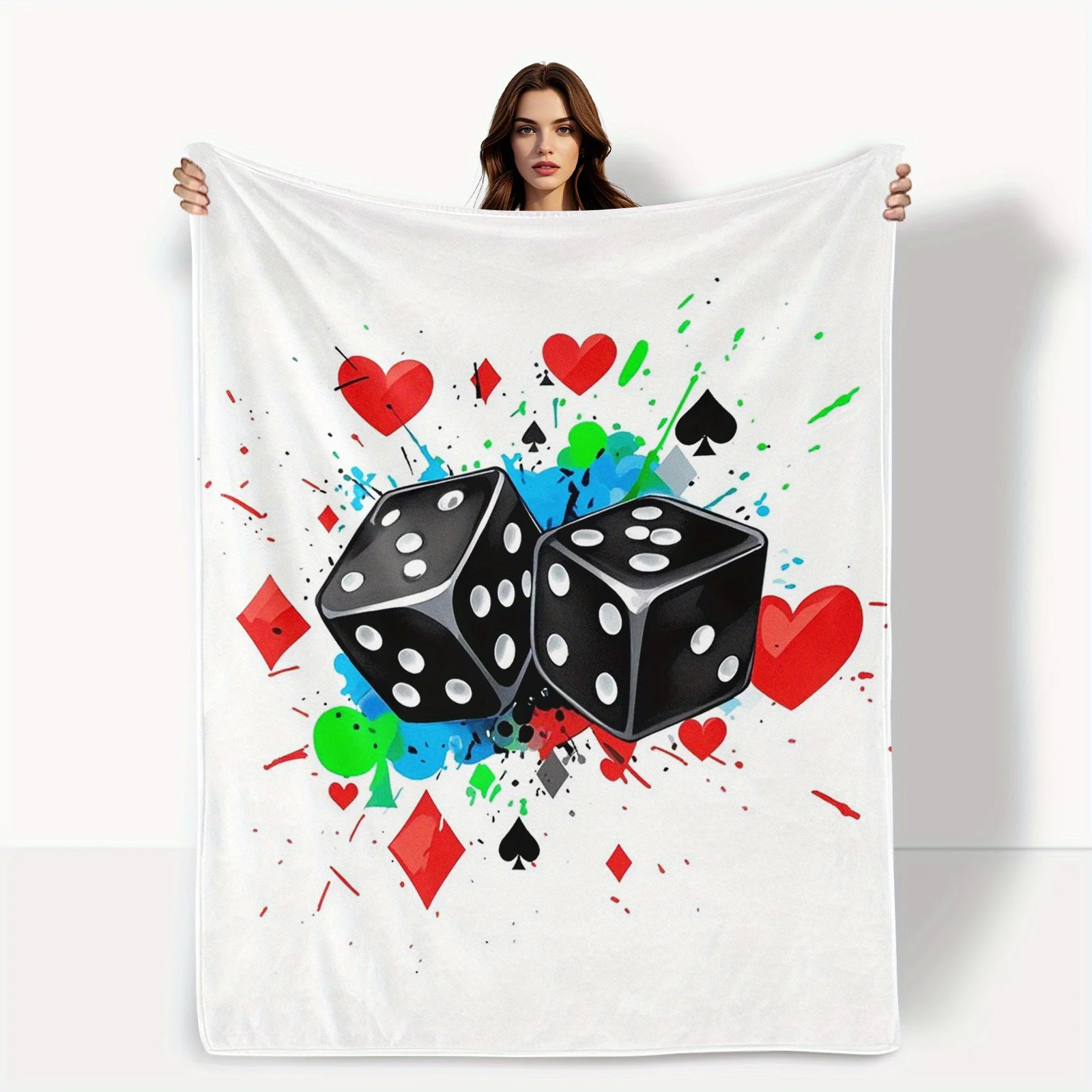 Contemporary Hearts  Spades Dice Splash Design Flannel Blanket - Ultra-Soft  All-Season Throw, Anti-Pilling Machine Washa