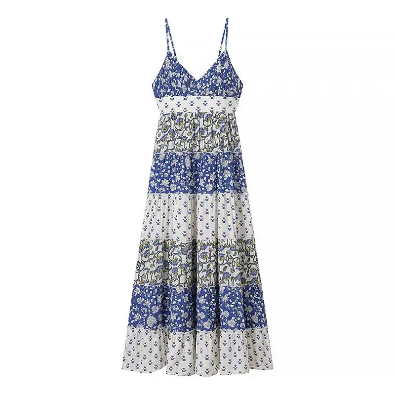 Boho floral impresso maxi vestido de verão feminino em camadas com tiras azul sem mangas arco vocação profundo v praia sexy senhoras vestidos novo