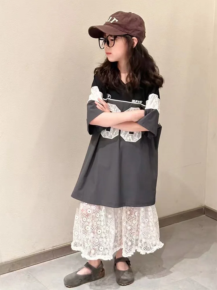 

Girls Suit2025Summer New Children's Clothing Kids Short SleeveTLittle Girl's Two-Piece Set: T-Shirt and Skirt