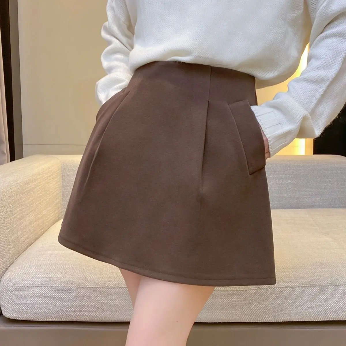 High Waist Umbrella Mini Skirt Women's Korean Woolen Autumn Winter A-Line Flared Skirt Office Ladies Black Skirt with Shorts