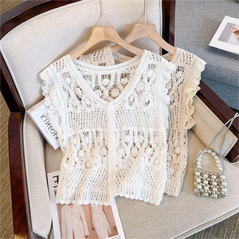 Summer Women Retro Hollow Embroidery Casual Loose V Neck Sleeveless Knitted Tank Top