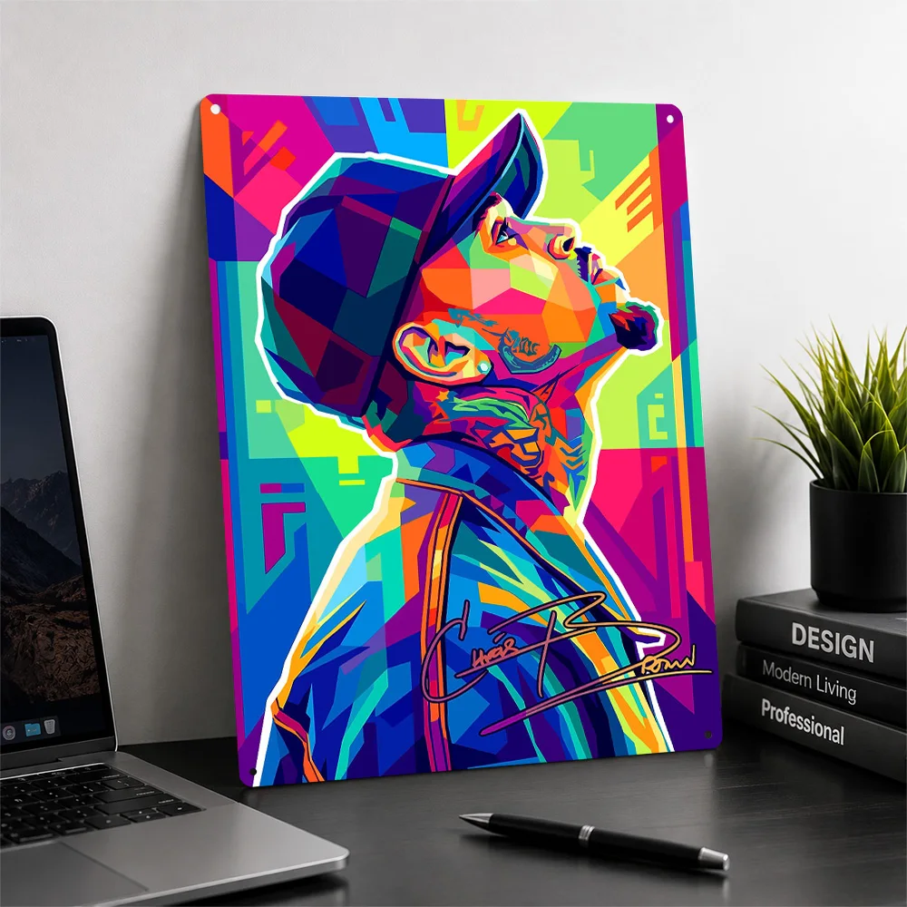 Chris Brown Pop Art Style 3D Texture Printed Poster Custom Vintage Metal Tin Plate Sign for Wall Art Bathroom Decor Room Home