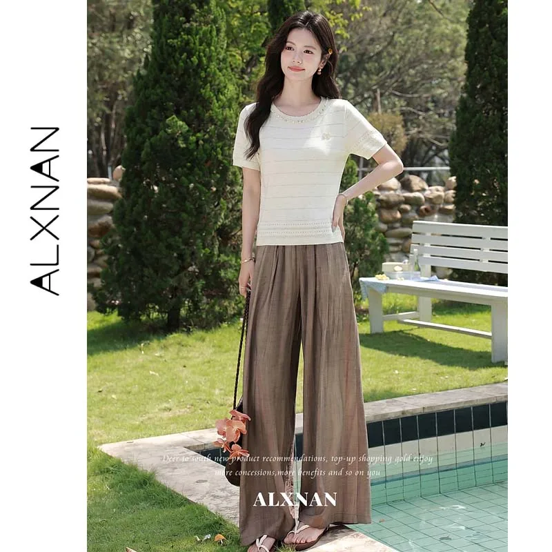 ALXNAN Linen Knit T-shirt Butterfly Embroidery Hollow Out Pattern French Elegant Short Sleeve Top Women Summer Tees L663129A
