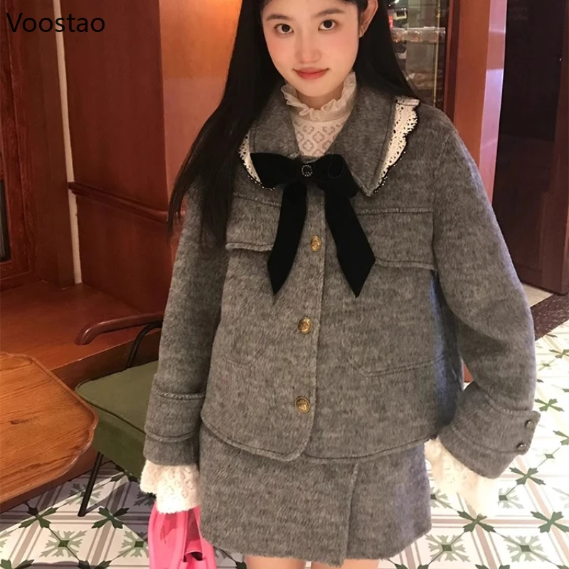 

Korean Style Casual Woolen 2 Piece Set Women Vintage Bow Lace Collar Loose Jacket Mini Skirts Suit Autumn Female Fashion Outfits