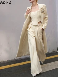 Elegant Fashion Woolen Suit Women's Autumn 2023 Three-Dimensional Flower Mid-Length Coat+Bra Top+Straight Pants Three-Piece Set