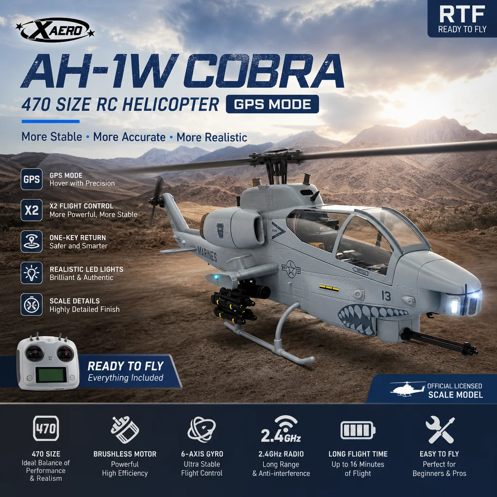 Roban 470 Size AH-1W Cobra RC Helicopter GPS Mode X2 Flight Control with Realistic LED Lights RTF Version