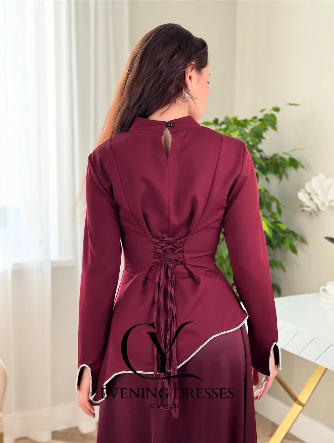 CUYUN High Collar Long Sleeves Saudi Evening Dresses Semi-Formal Customized Patchwork Long Prom Party Gown Lace-up Women