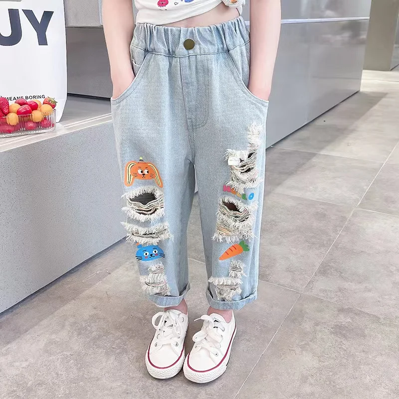 Kids Girls Jeans Summer 2023 New Children\'s Graffiti Tears Casual Pants Thin Boys and Girls Pants Boys Trousers 2 4 6 8 T