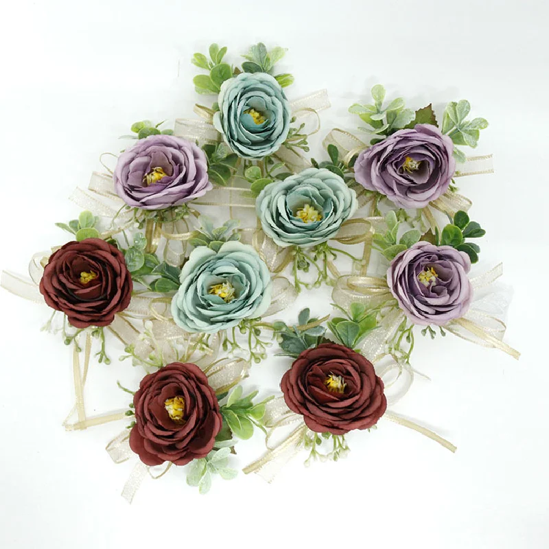 Boutonniere y Corsag de muñeca, suministros de boda, flor de boda, arte de simulación, accesorios para invitados de apertura de negocios, 432