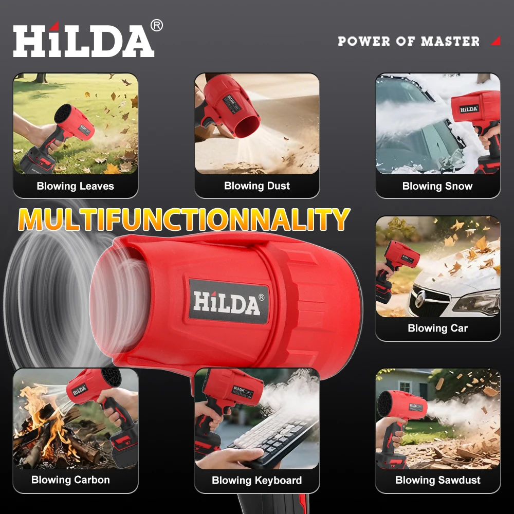 เครื่องเป่าลมไฟฟ้าไร้สาย HILDA เครื่องเป่าลมมือถือสำหรับกำจัดฝุ่นและหิมะ เครื่องเป่าลมกำลังสูงสำหรับแบตเตอรี่ Makita