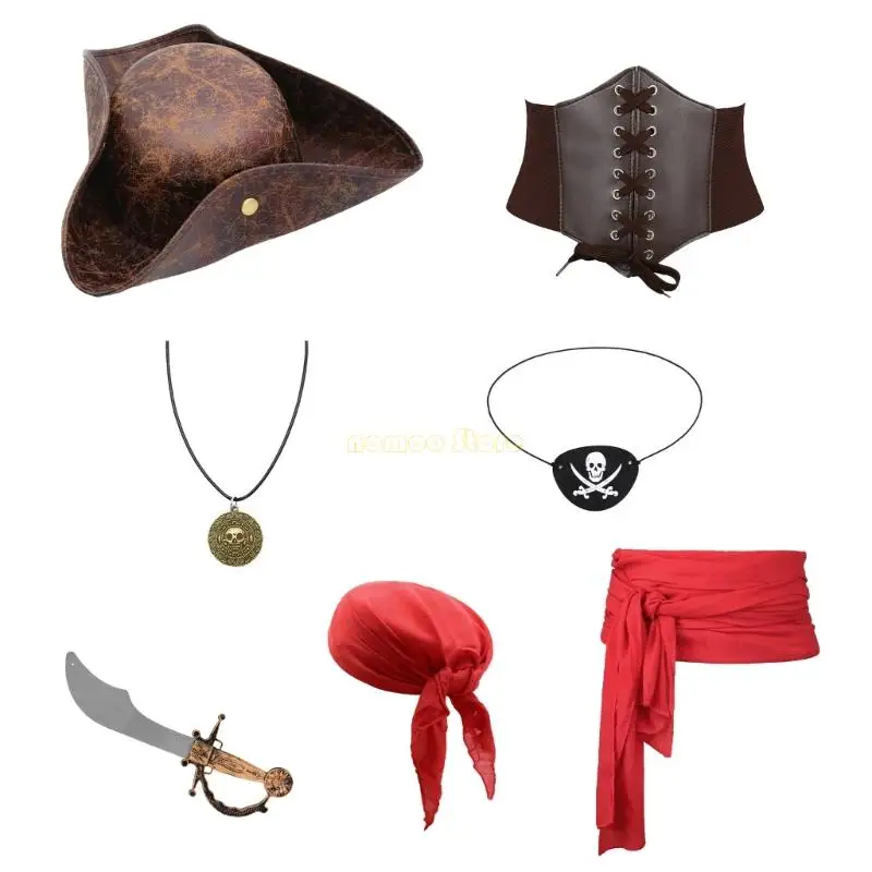 

31BF Cariban Pirate Headwear Set 7PCS Breathable Fabric Themed Party Accessories Halloween Costume For Adults